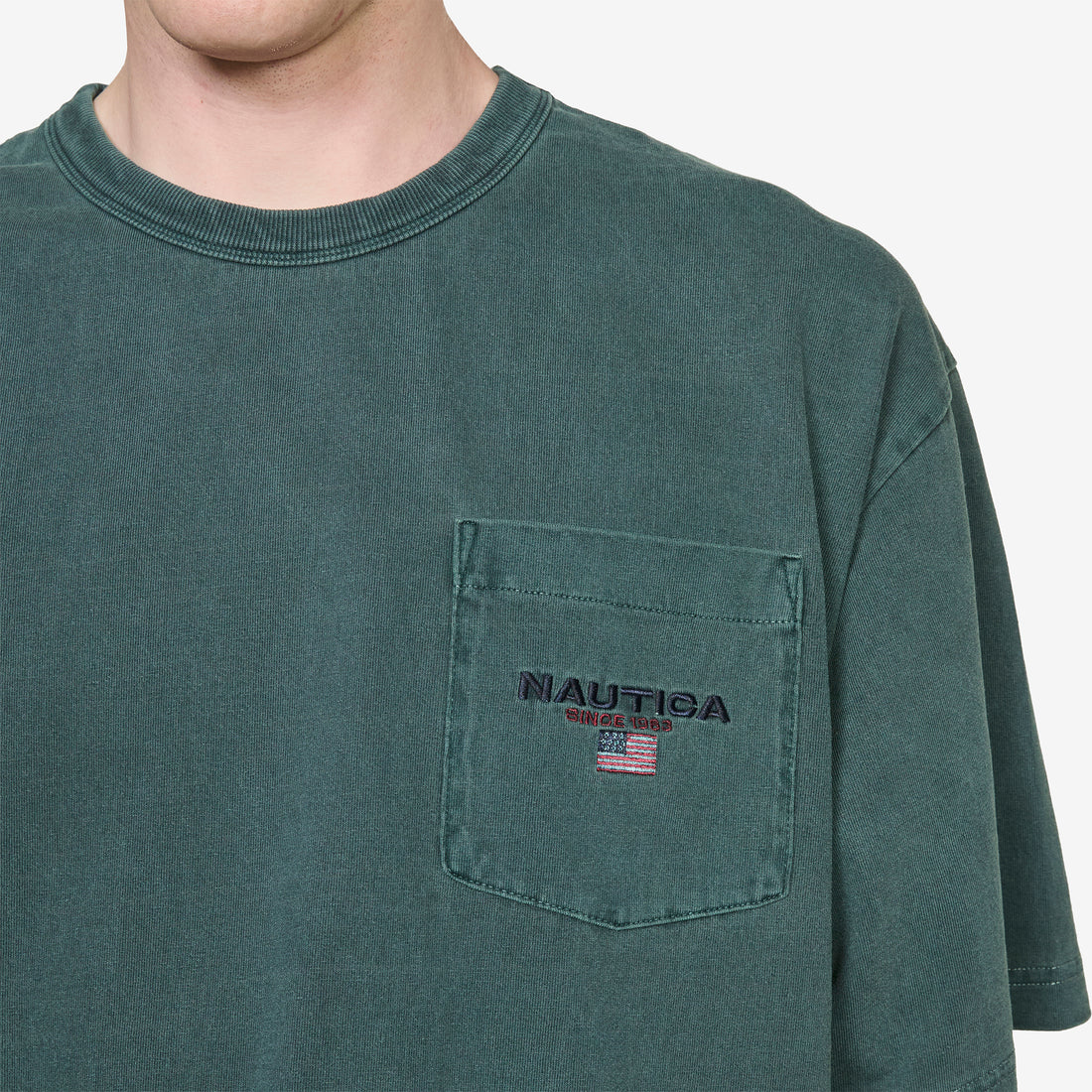 Pigment Dyed USA Flag Logo Hem Drawcord Pocket T-Shirt Green Tees