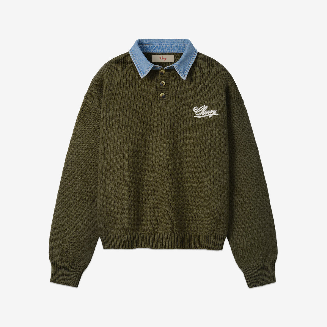 Denim Knit Henley Green Jumpers