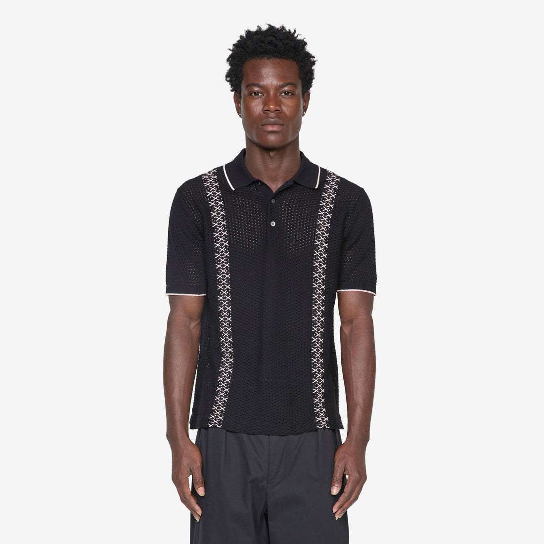 Knit Polo Mesh Stripe Black Shirts