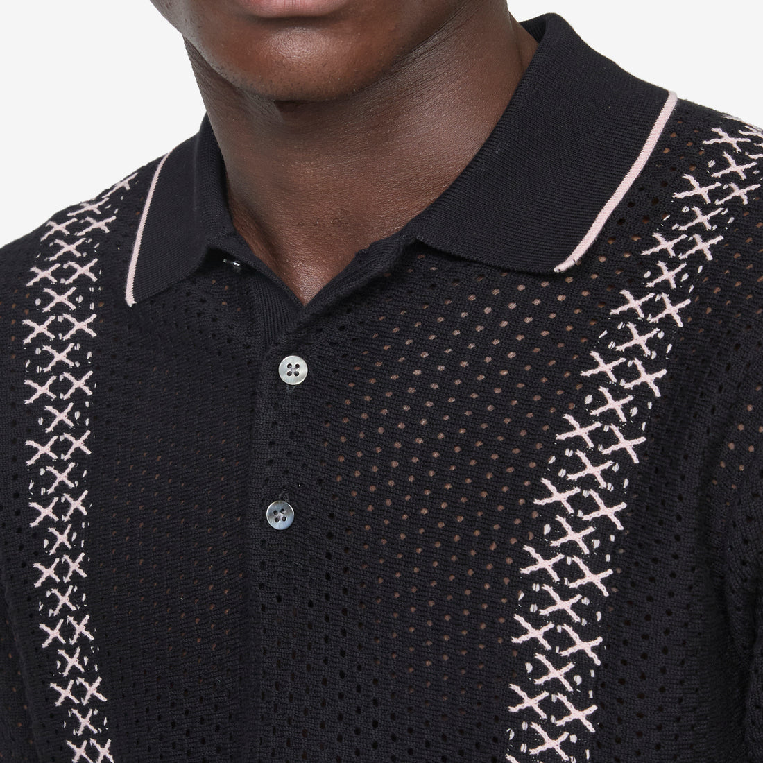 Knit Polo Mesh Stripe Black Shirts