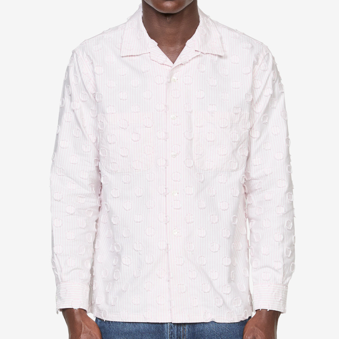 Open Collar Burnout Dot Candy Stripe Shirt Pink Stripe Shirts