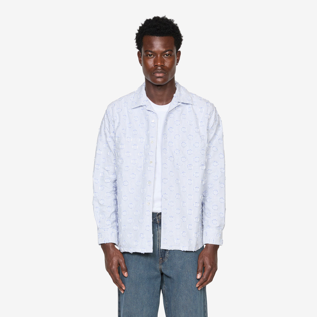 Open Collar Burnout Dot Candy Stripe Shirt Blue Stripe Shirts