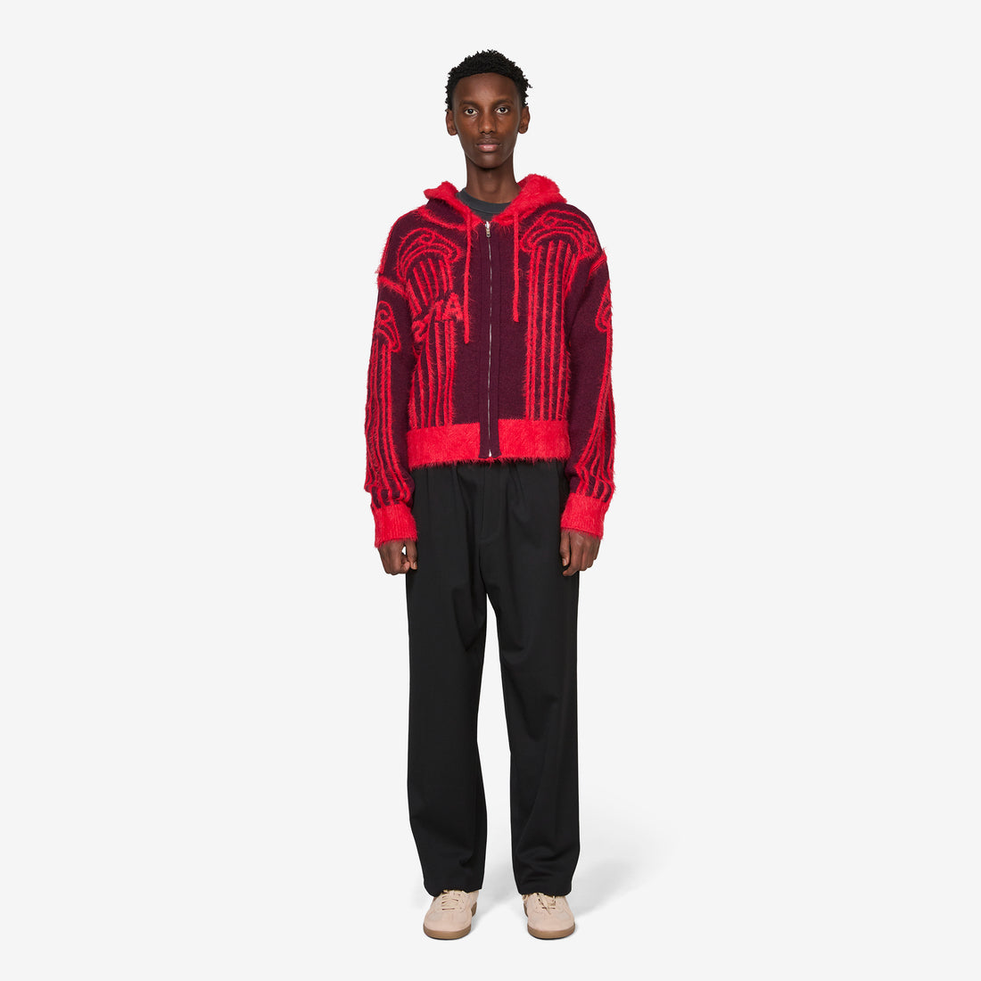 Fluffy Column Chenille Reversible Zip Thru Hoodie Red Jumpers