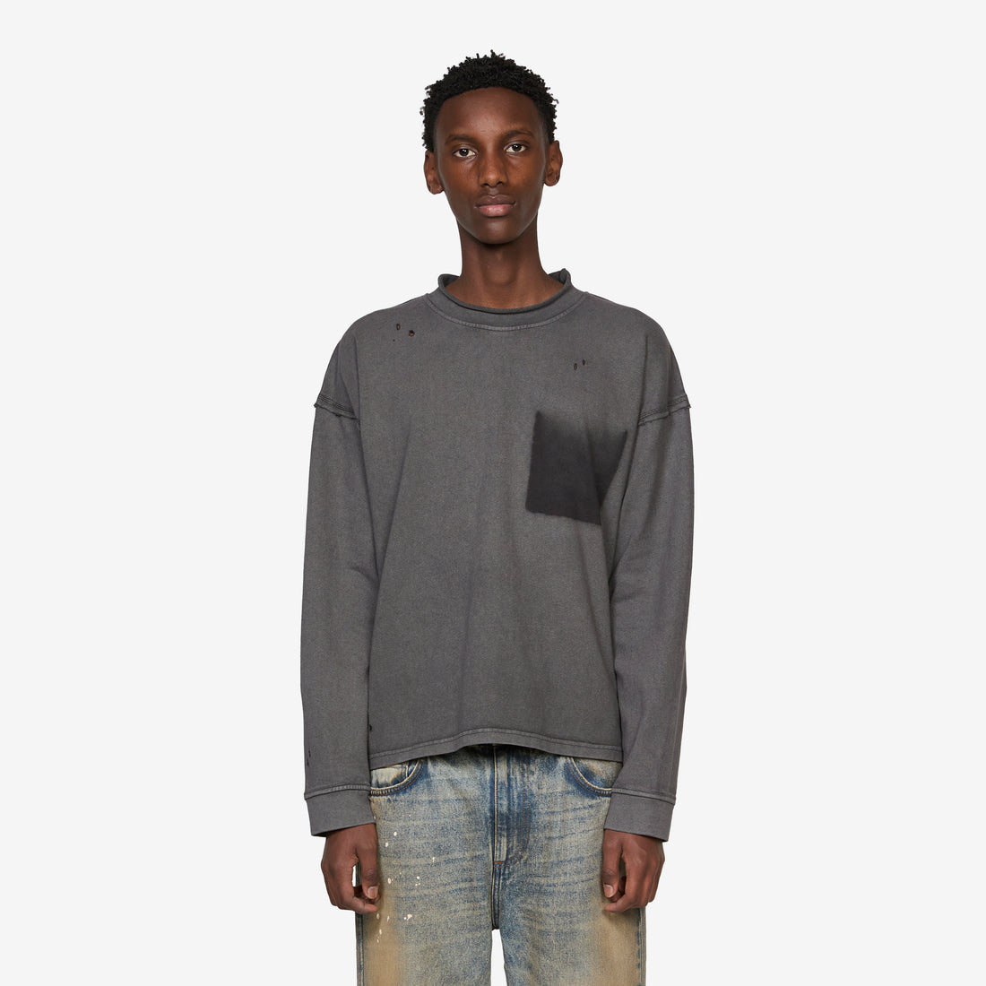 Rolled Neck Longsleeve T-Shirt Destroyed Grey Tees