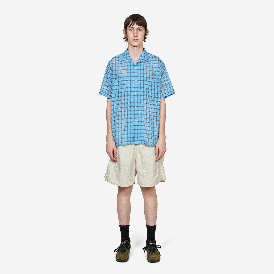 Open Collar Shirt Nylon Airy Plaid Sax Shirts