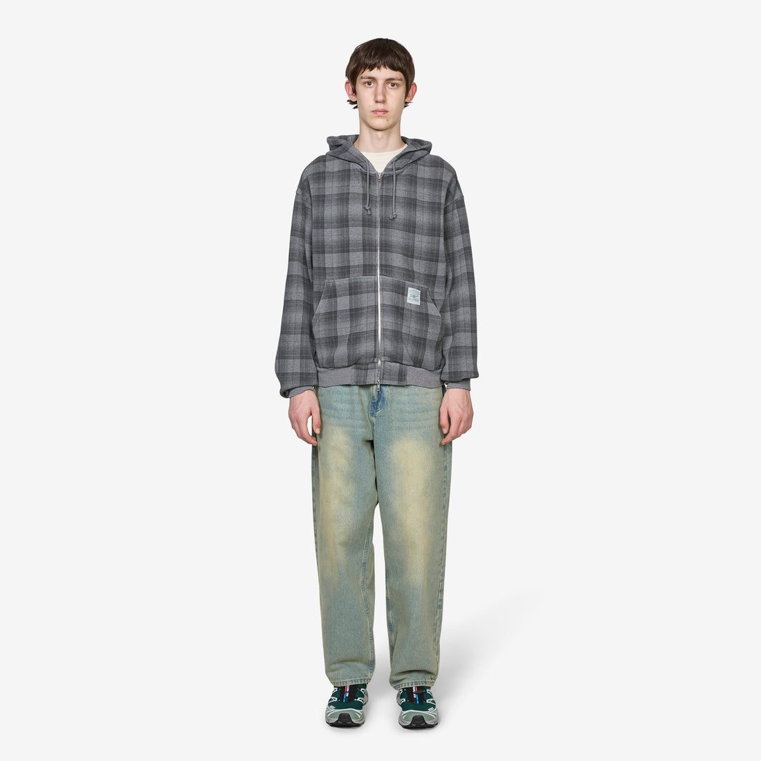 Waffle Zip-Thru Hood Grey Plaid Jumpers