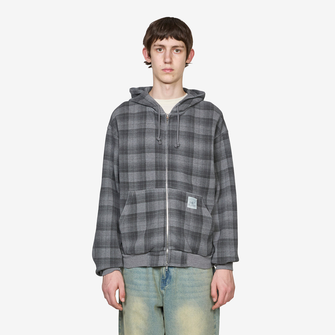 Waffle Zip-Thru Hood Grey Plaid Jumpers
