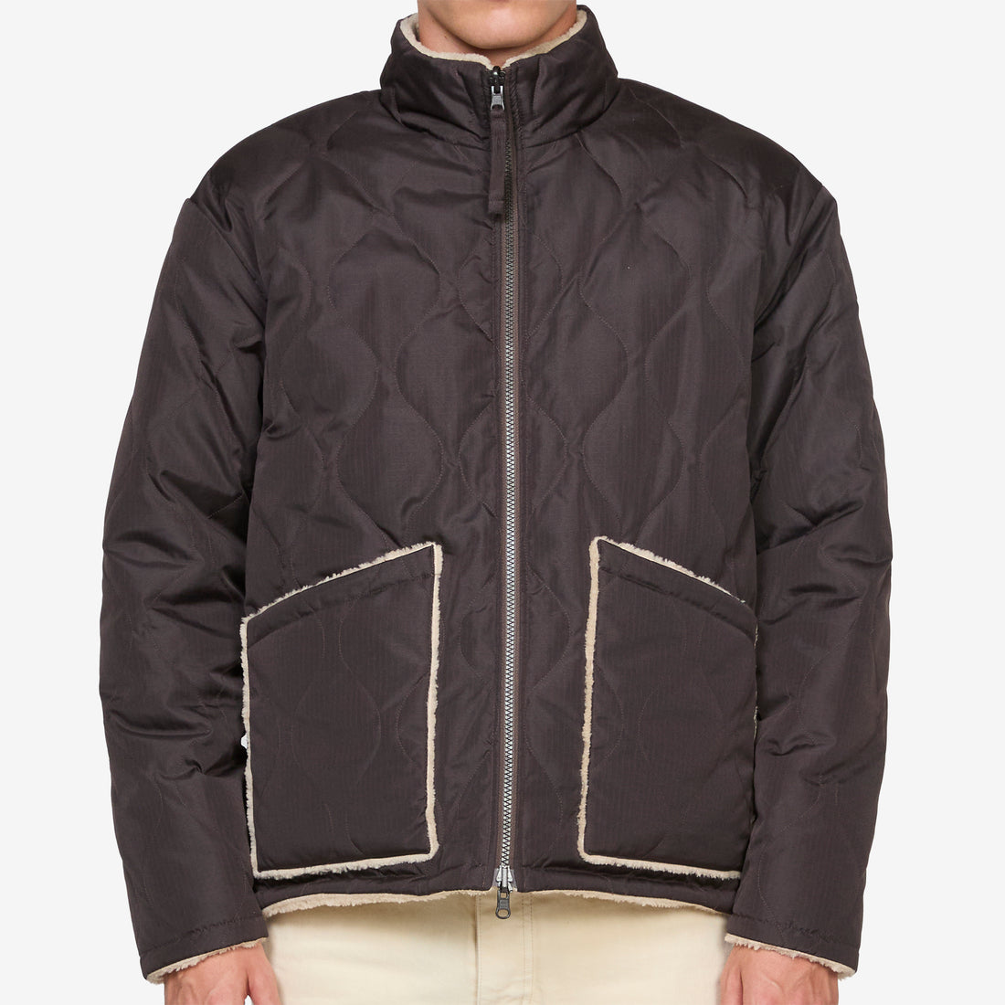 Military Reversible Down Boa Hi Neck Jacket Dark Choco | Beige Jackets