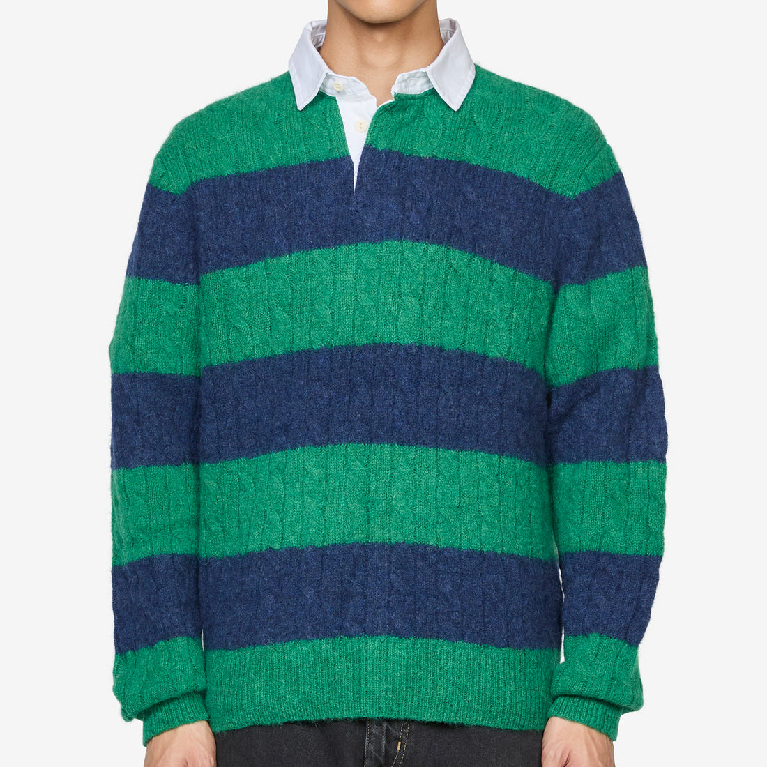 Striped Cable-Knit Rugby Sweater Green Navy Combo Jumpers