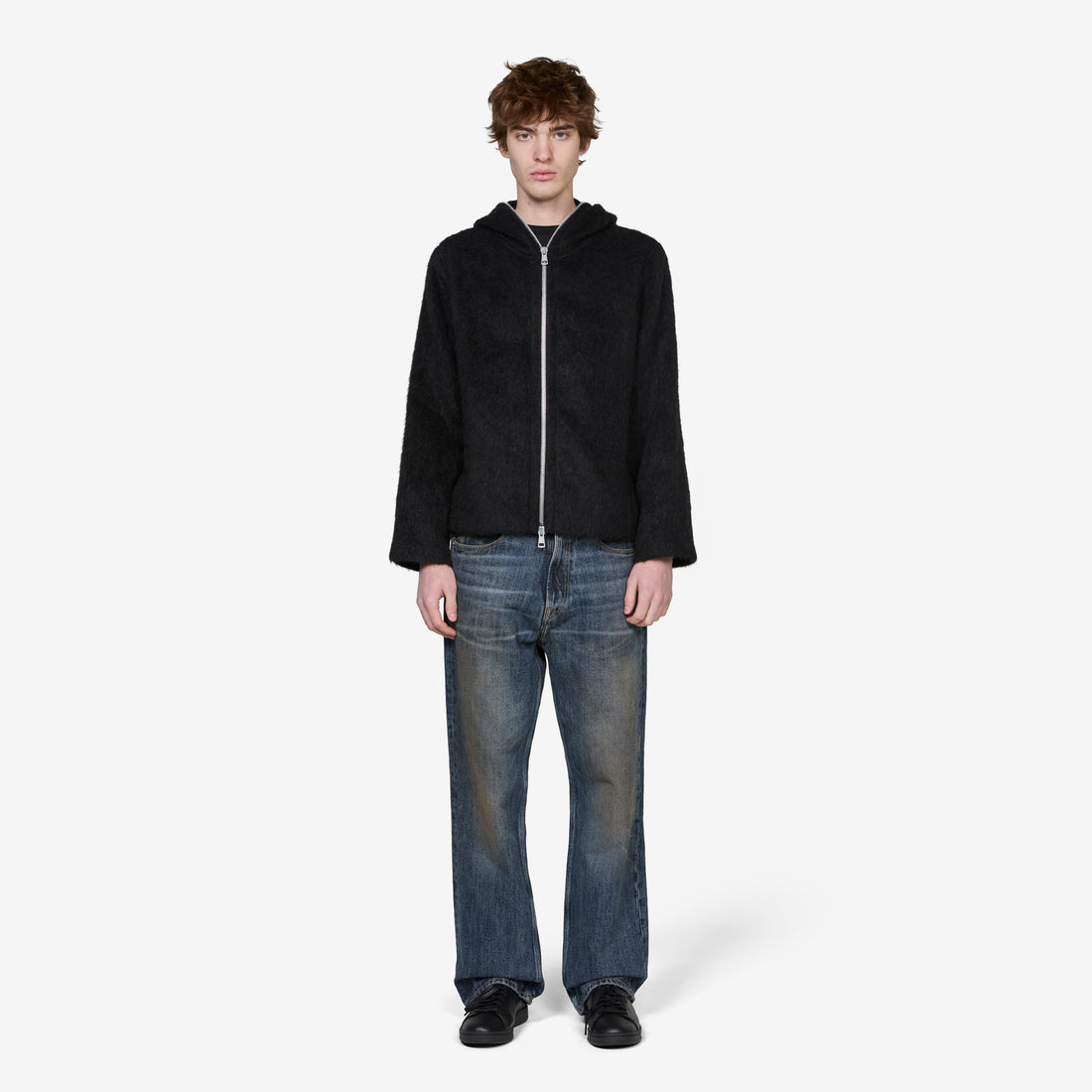 Full Zip Hood Black Hairy Wool Jackets