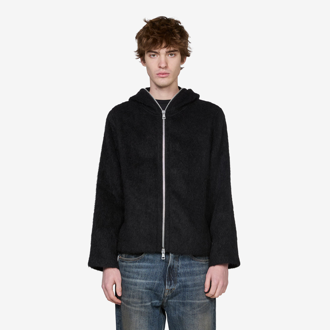 Full Zip Hood Black Hairy Wool Jackets