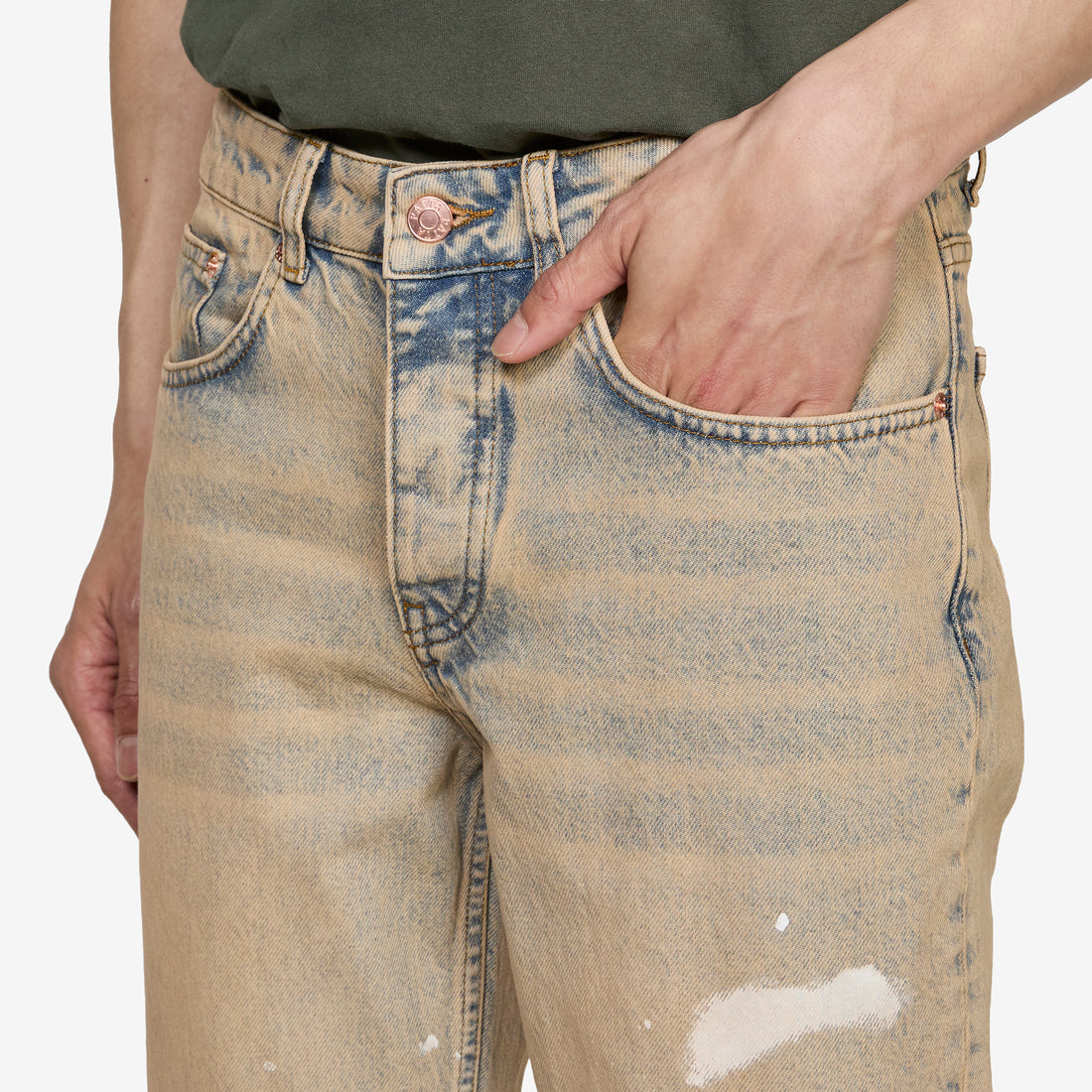 Dirty Splatter Straight Leg Denim Pants Sandwashed Light Blue Denim Pants