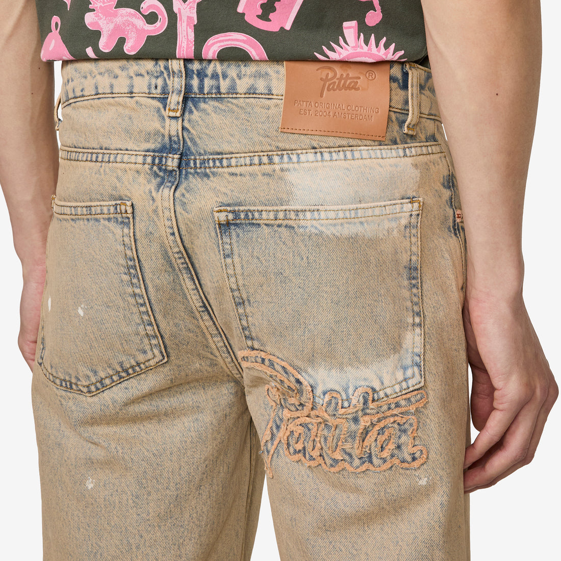 Dirty Splatter Straight Leg Denim Pants Sandwashed Light Blue Denim Pants