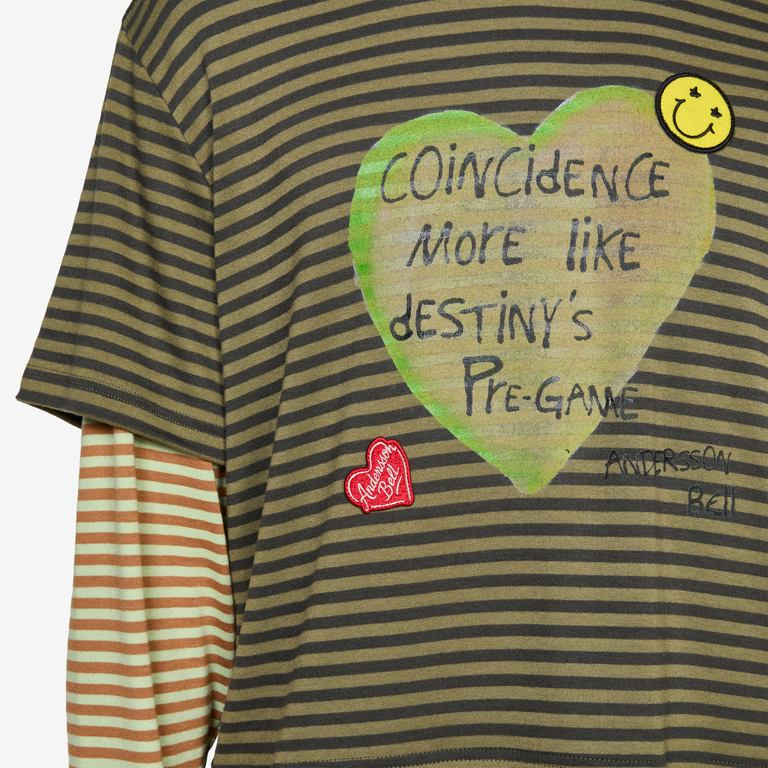 Heart Message Stripe Layered Longsleeve T-Shirt Khaki Tees