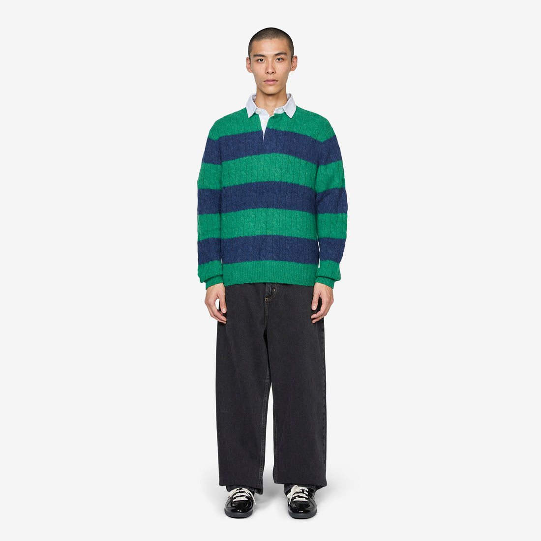Striped Cable-Knit Rugby Sweater Green Navy Combo Jumpers