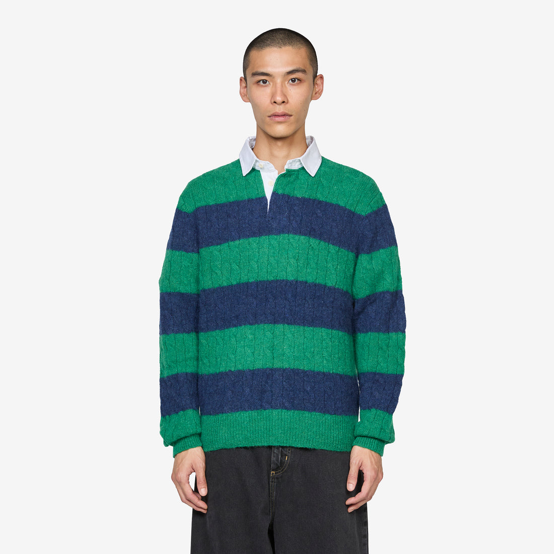 Striped Cable-Knit Rugby Sweater Green Navy Combo Jumpers