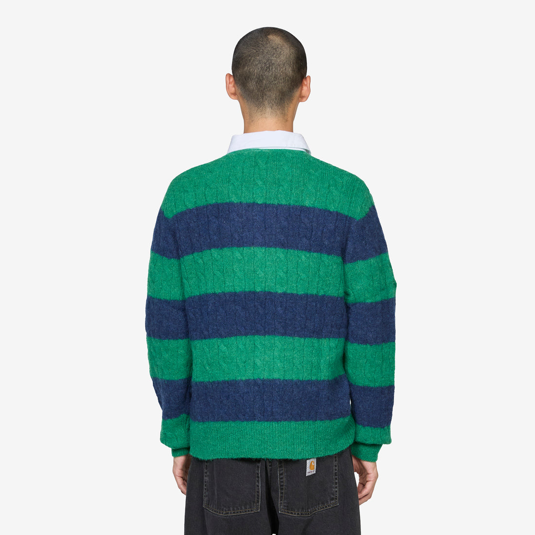 Striped Cable-Knit Rugby Sweater Green Navy Combo Jumpers
