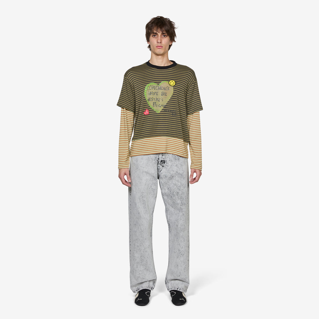 Heart Message Stripe Layered Longsleeve T-Shirt Khaki Tees