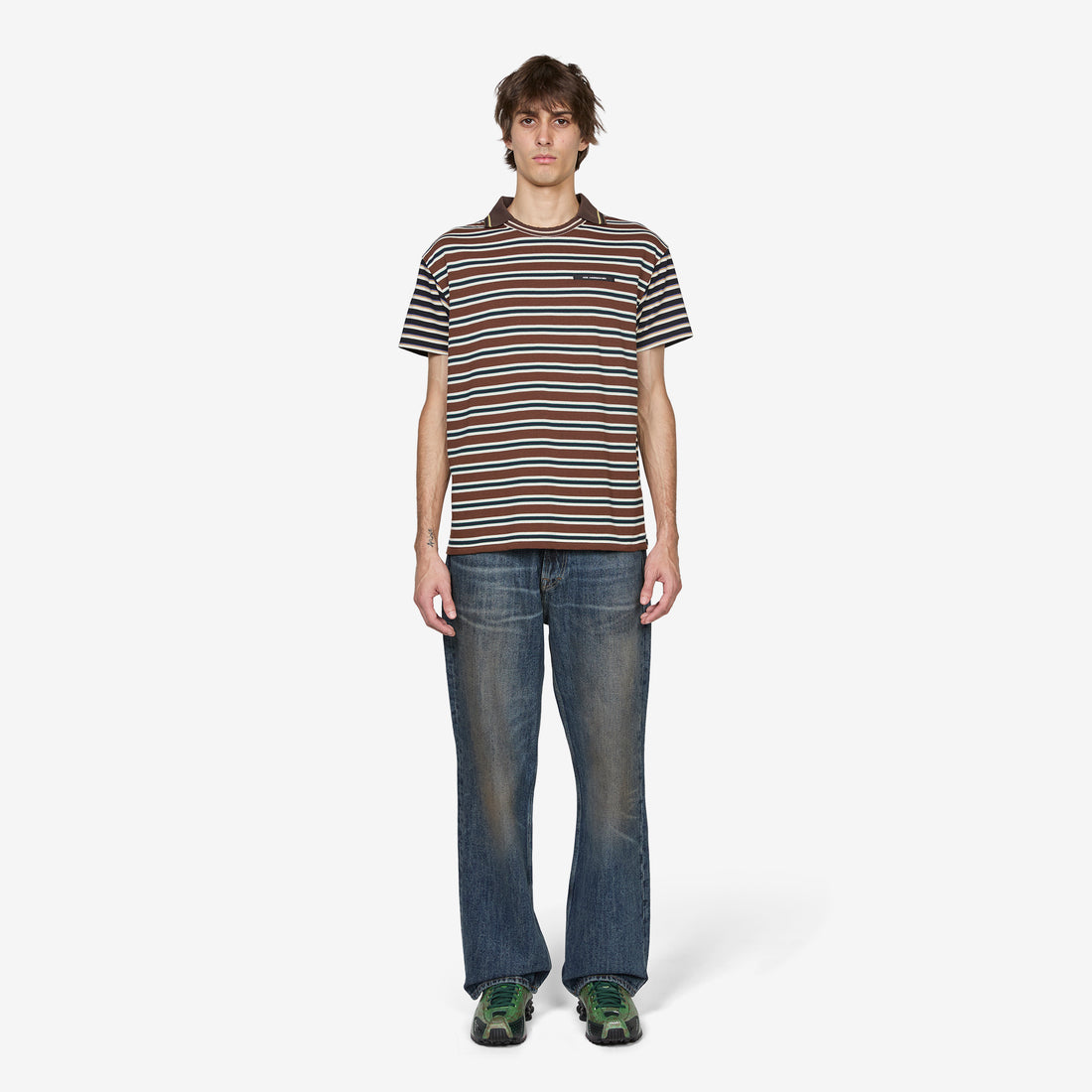 Stripe Layered Collar T-Shirt Brown Tees