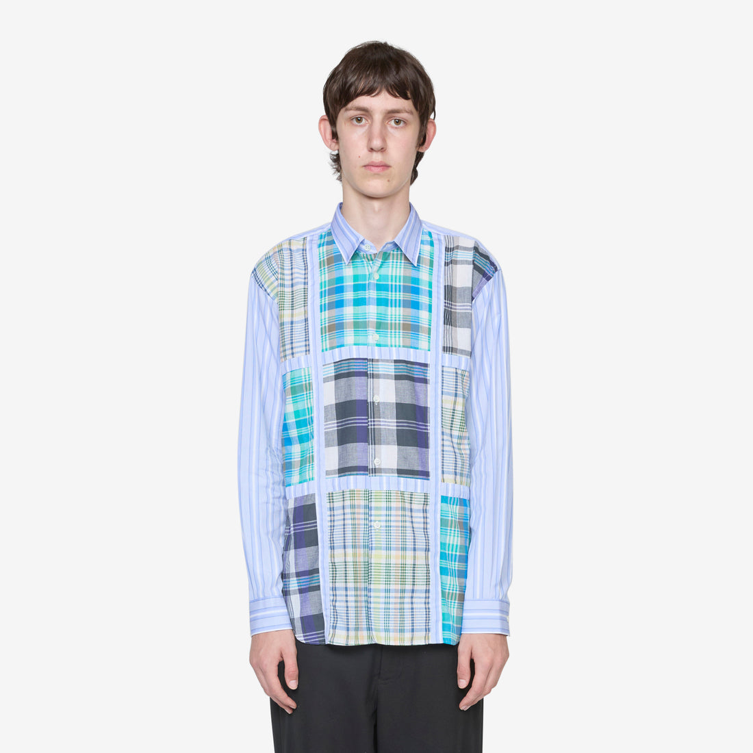 Checked Panel Striped Shirt Blue Shirts