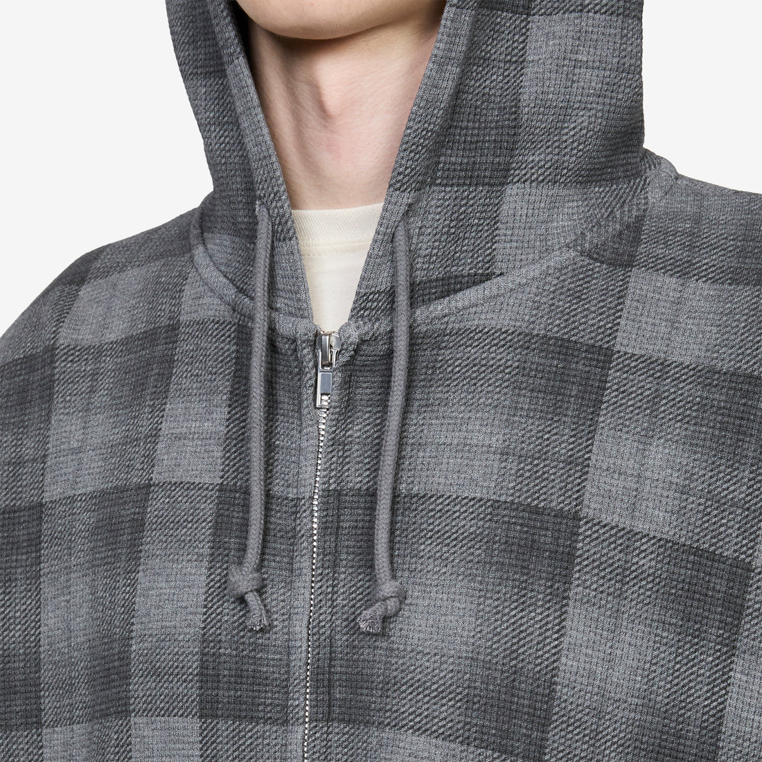 Waffle Zip-Thru Hood Grey Plaid Jumpers