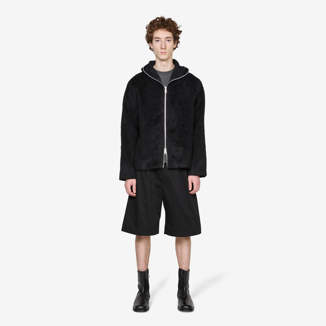 Full Zip Hood Black Hairy Wool Jackets