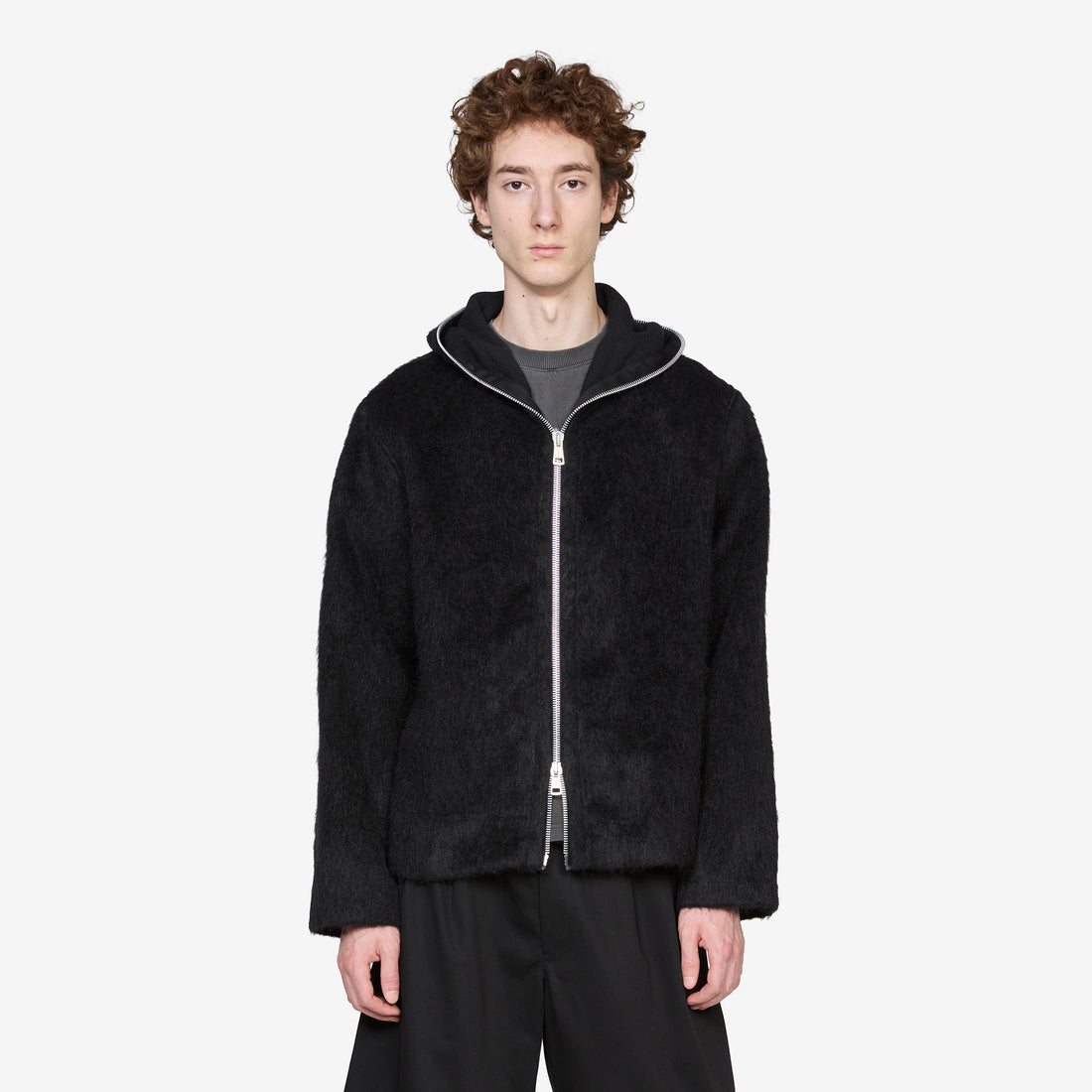 Full Zip Hood Black Hairy Wool Jackets