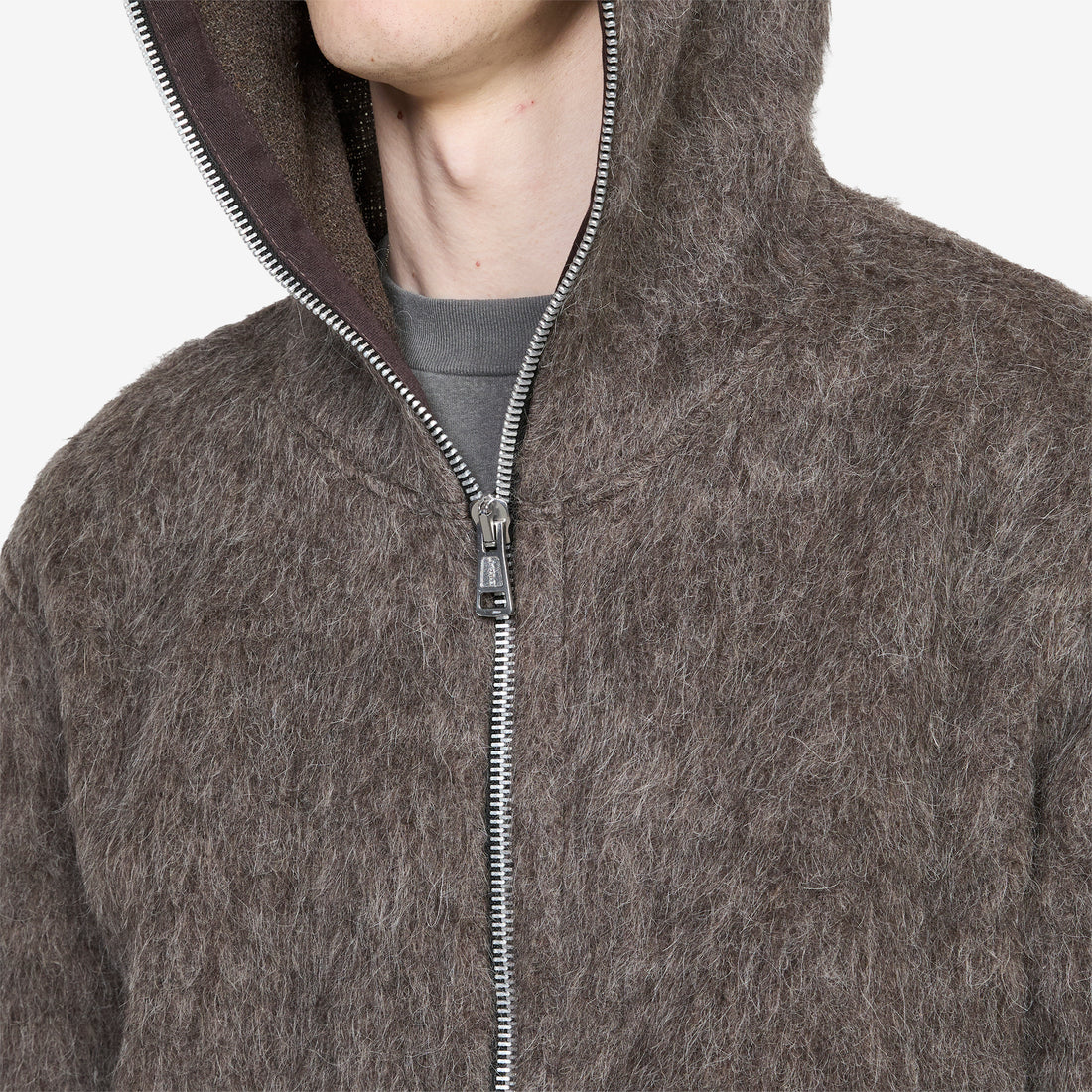 Full Zip Hood Mole Grey Hairy Wool Jumpers