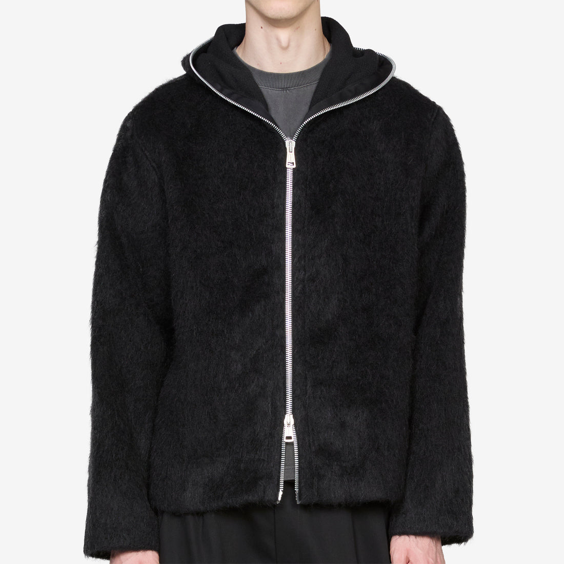Full Zip Hood Black Hairy Wool Jackets