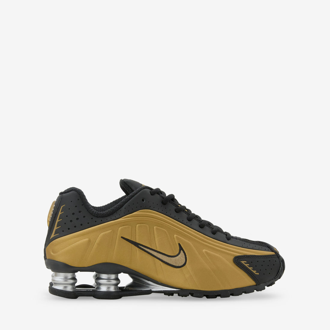 Women's Shox R4 Black | Metallic Gold | Metallic Silver Footwear