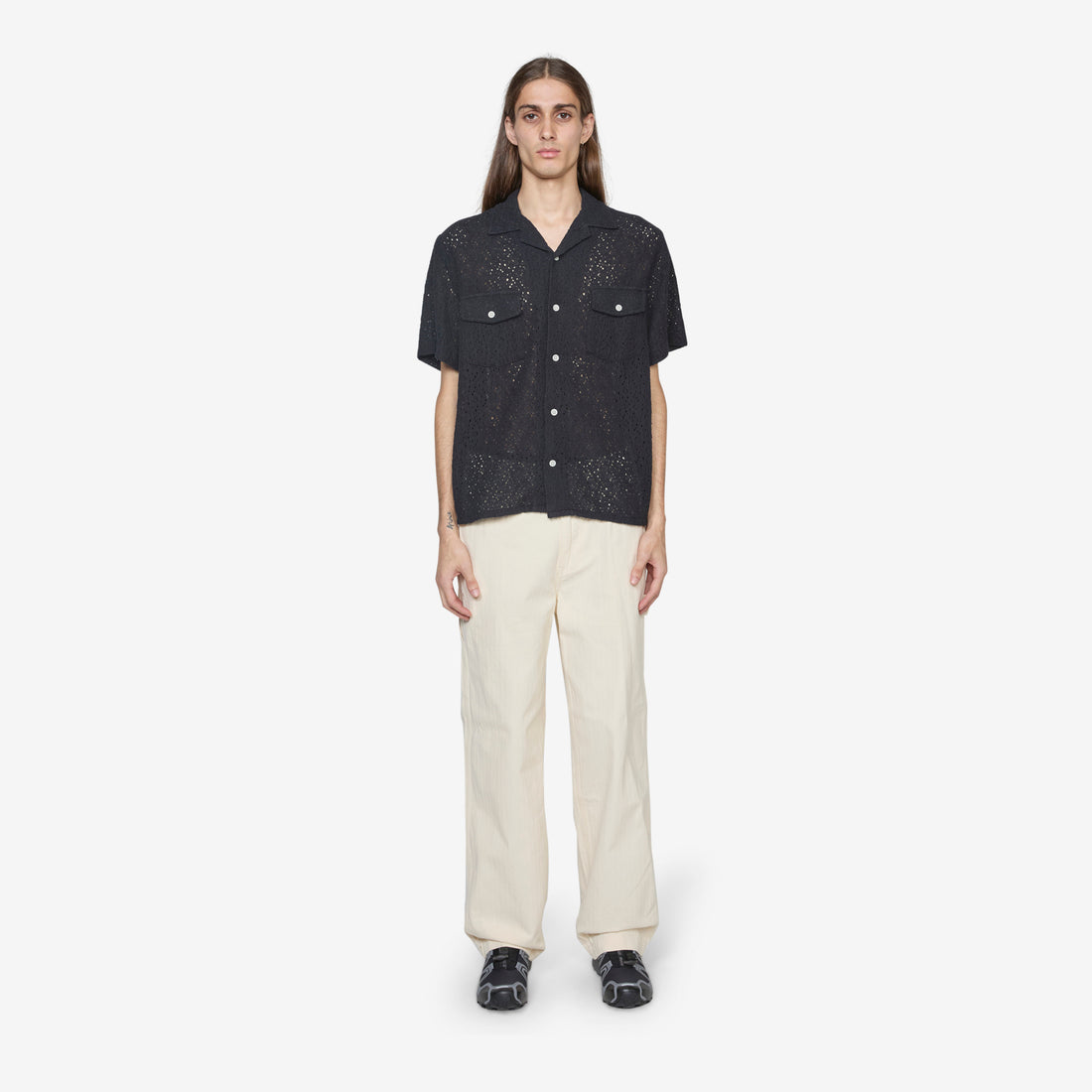 Floral Lace Short Sleeve Camp Shirt Black Shirts