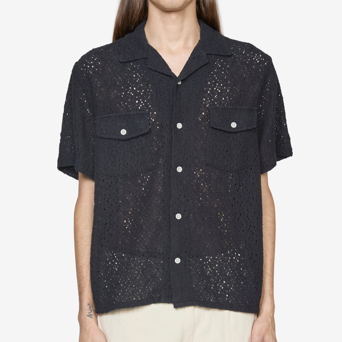 Floral Lace Short Sleeve Camp Shirt Black Shirts