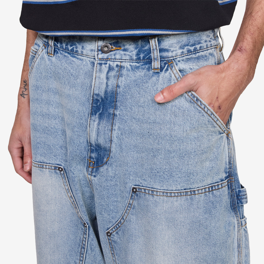 Super Wide Curve Double Knee Cropped Denim Pants Sax Blue Shorts