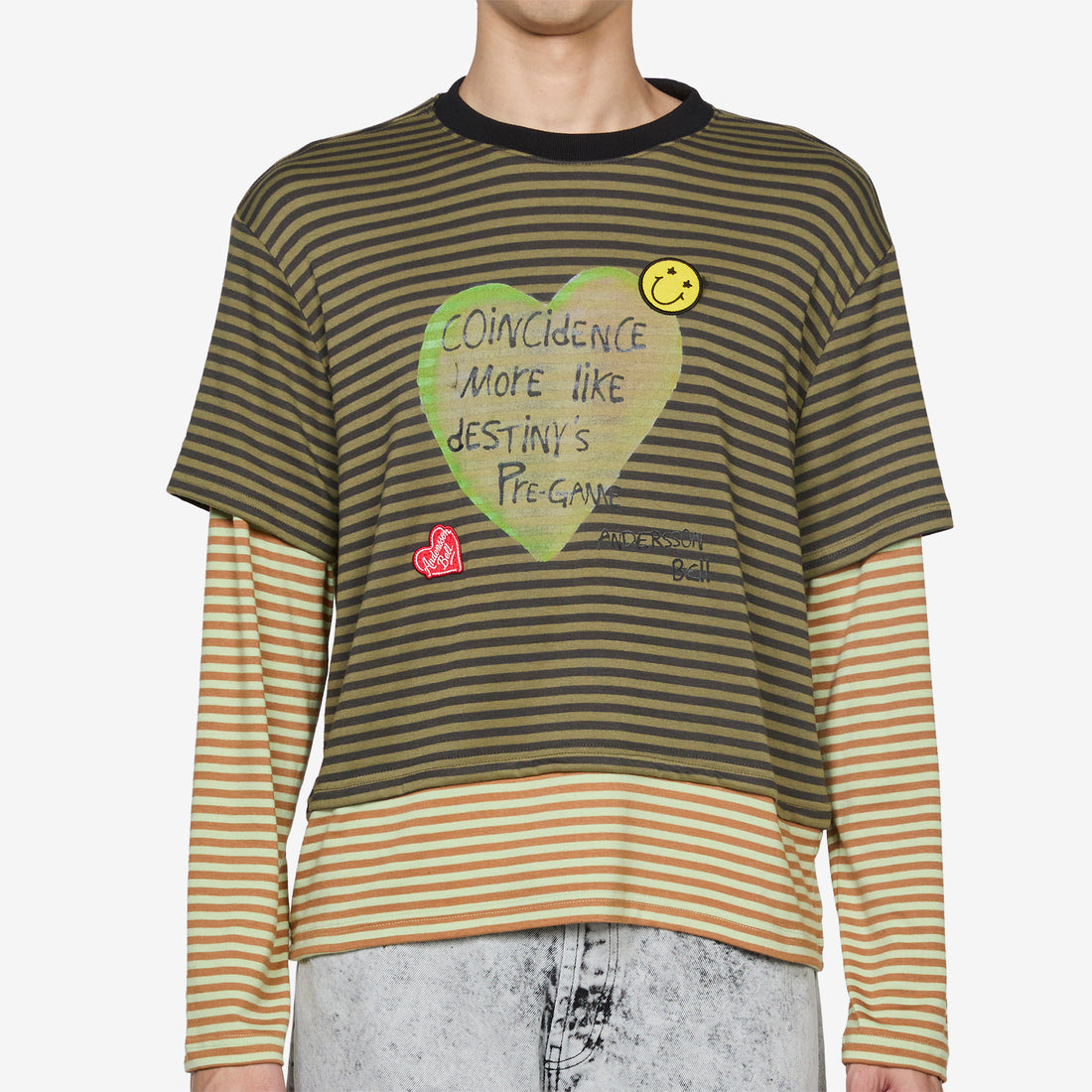 Heart Message Stripe Layered Longsleeve T-Shirt Khaki Tees