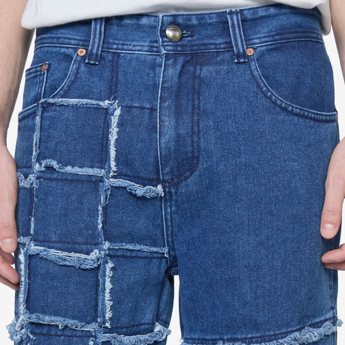 New Patchwork Wide Leg Jeans Washed Blue Pants