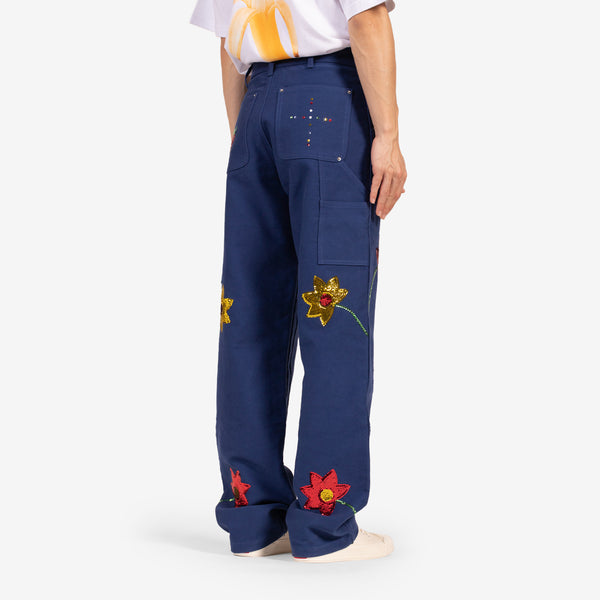 Embroidered Workwear Denim Double Knee Pants Blue