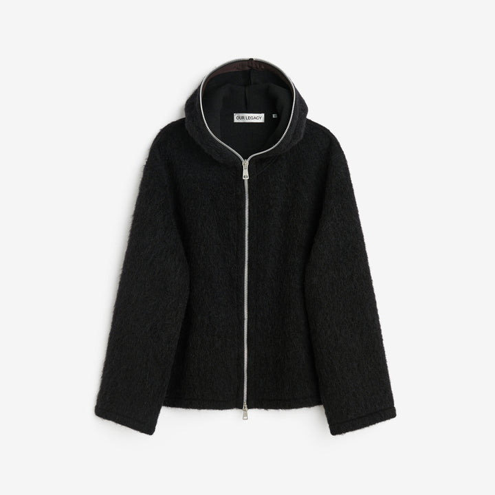 Full Zip Hood Black Hairy Wool Front