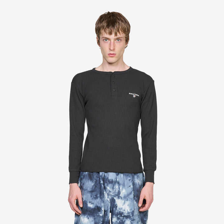 Waffle Henley Longsleeve T-Shirt Black Front