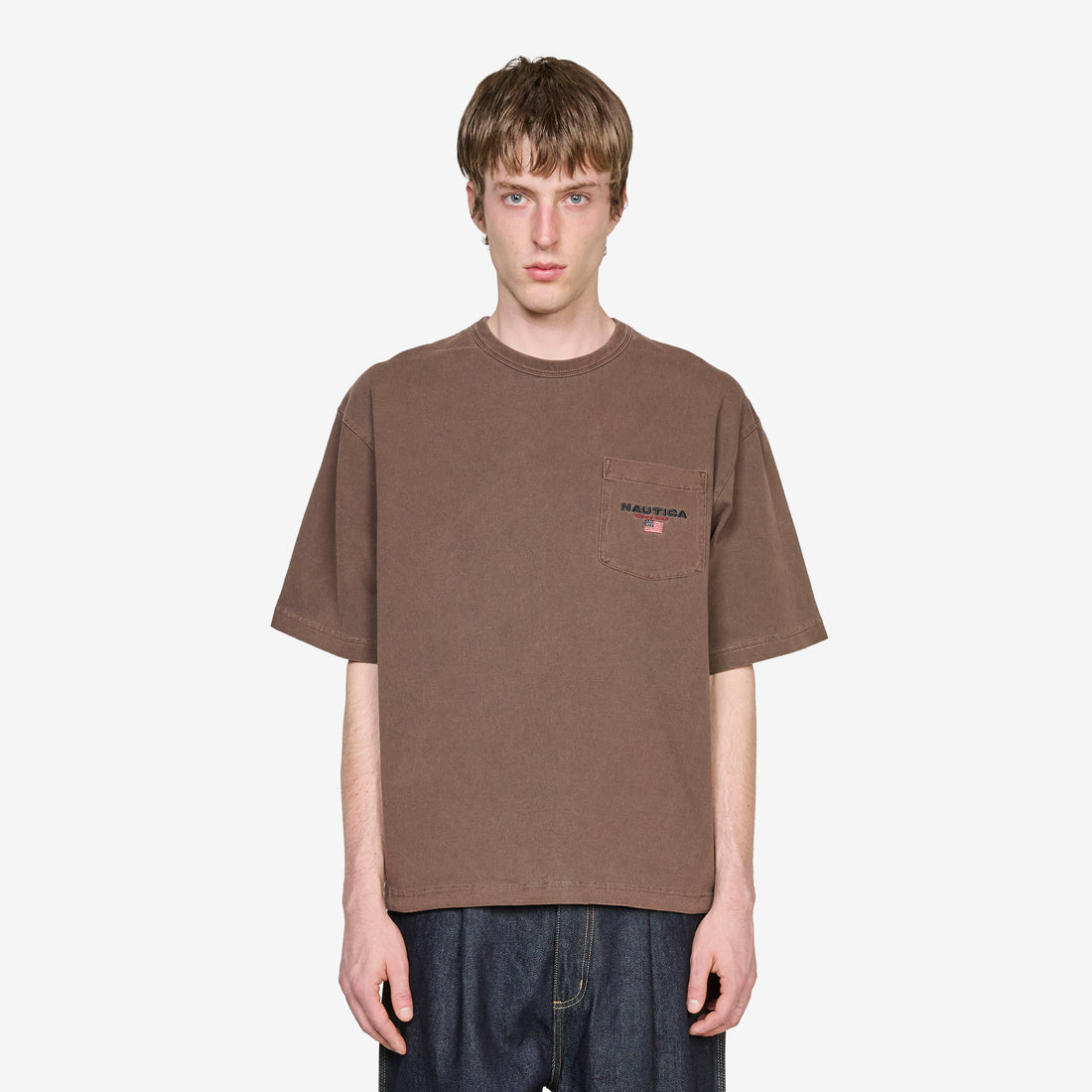 Pigment Dyed USA Flag Logo Hem Drawcord Pocket T-Shirt Brown Tees