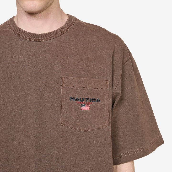 Pigment Dyed USA Flag Logo Hem Drawcord Pocket T-Shirt Brown