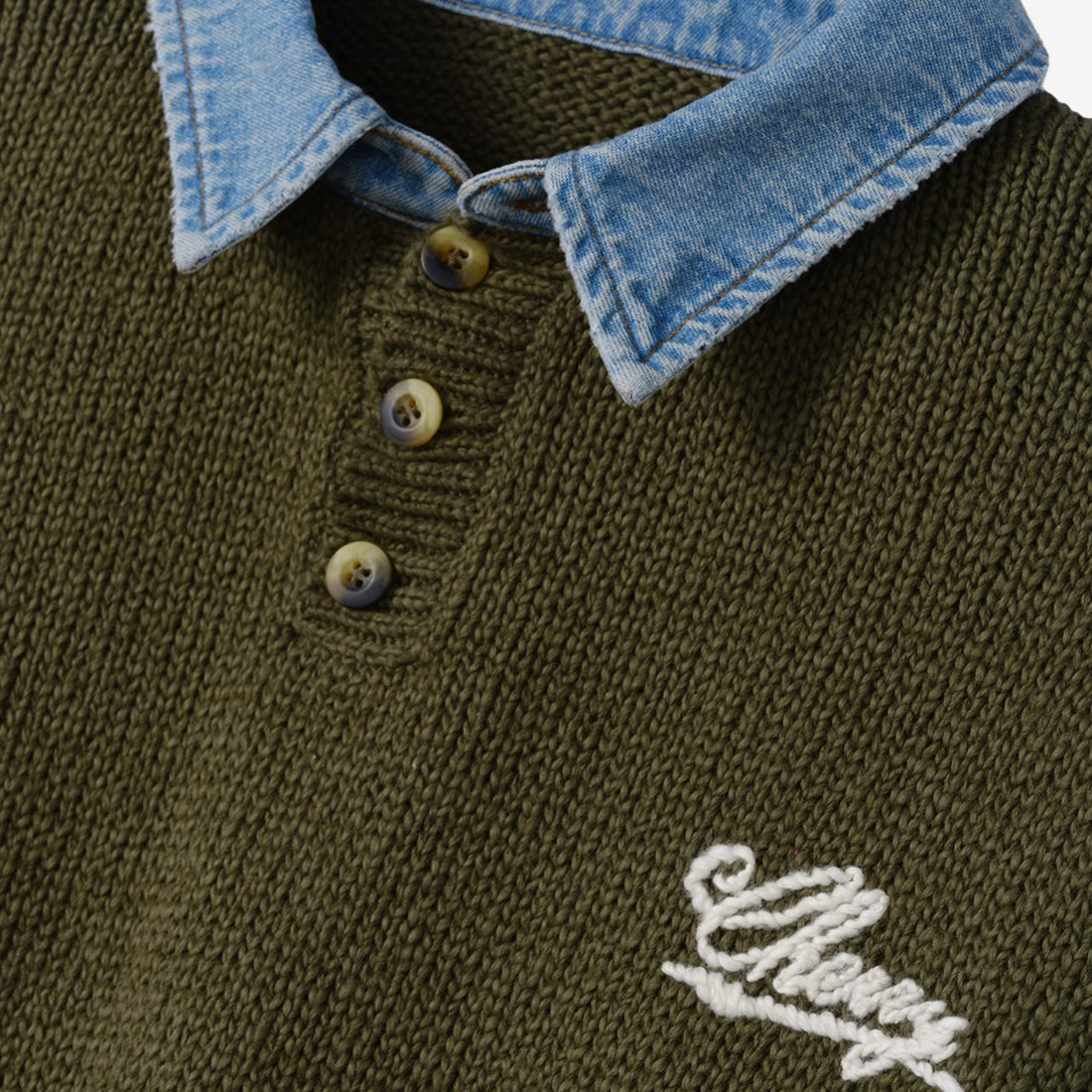 Denim Knit Henley Green Jumpers
