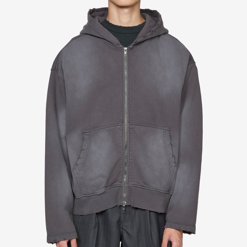 Distressed Zip Hood Washed Black Jumpers