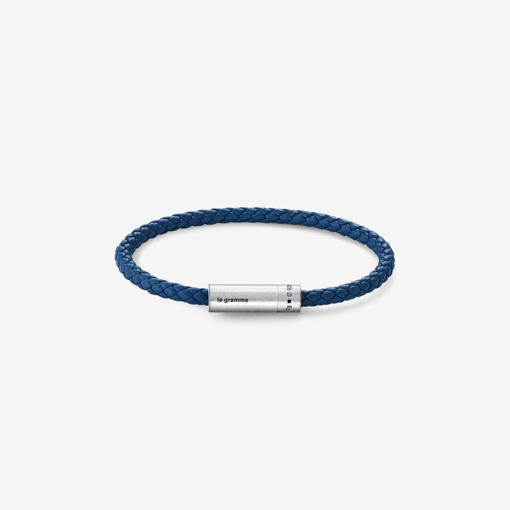 7g Brushed Sterling Silver & Blue Leather Cable Bracelet Front