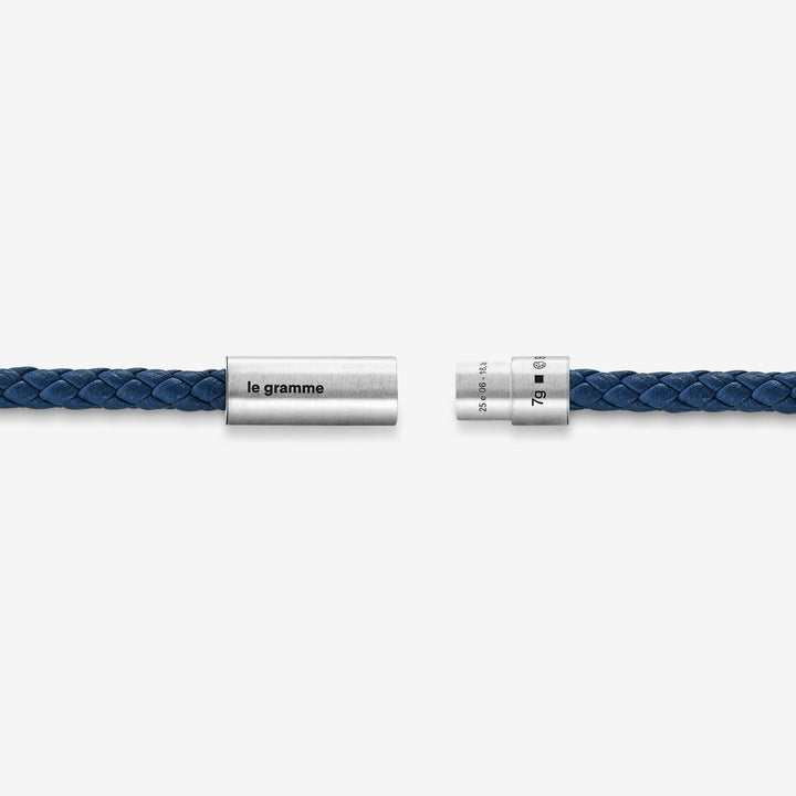7g Brushed Sterling Silver & Blue Leather Cable Bracelet