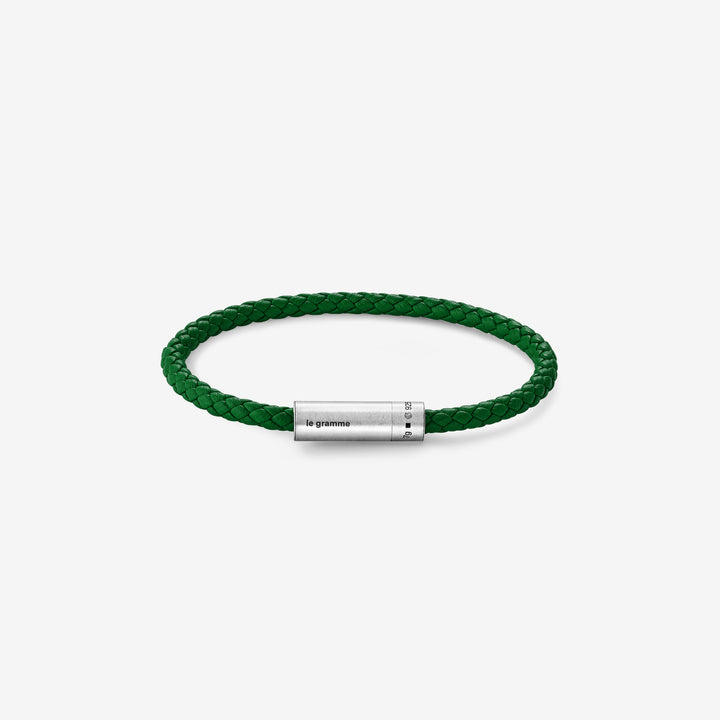 7g Brushed Sterling Silver & Green Leather Cable Bracelet Front