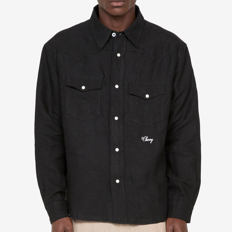 Washed Linen Western Shirt Black Shirts