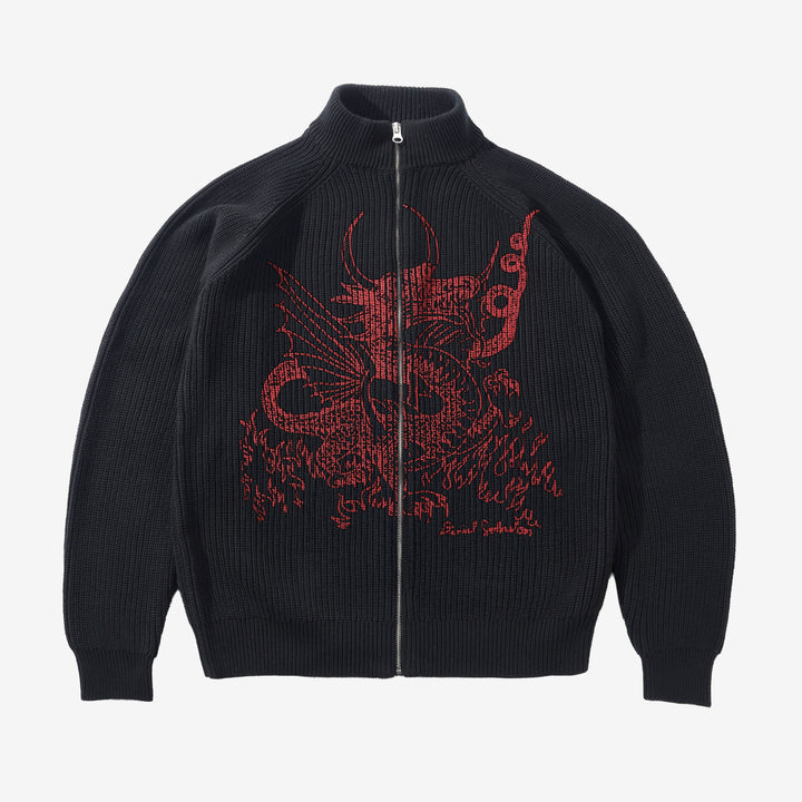 Daniel Johnston Dragon Knit Zip-Thru Sweater Black | Red Front