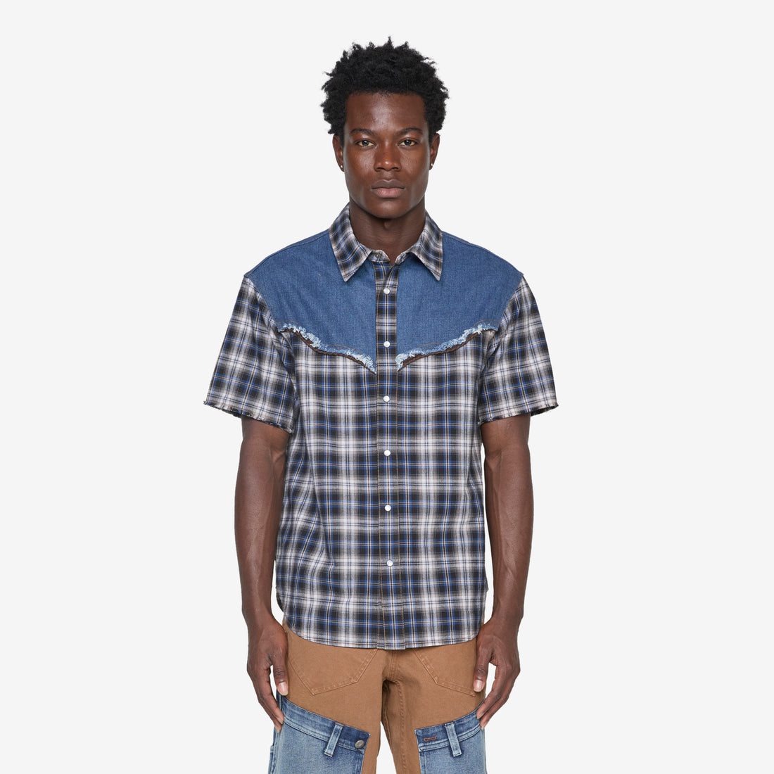 Denim & Check Raw Cut Shirt Blue Shirts