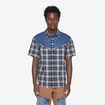 Denim & Check Raw Cut Shirt Blue