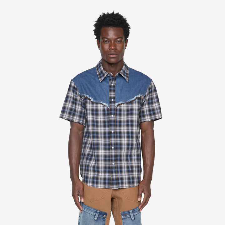 Denim & Check Raw Cut Shirt Blue Front